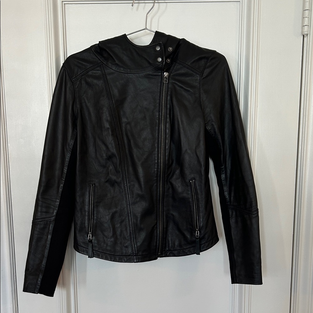 Hinge Black Leather Jacket with Hood